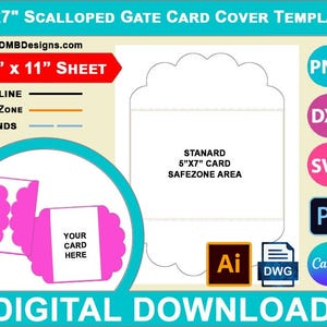 Gate Umschlag 5x7 Scalloped Card Cover Template, Einfache Hochzeit, Canva, SVG, DXF, Dwg, Ai, Png, Psd, PDF 8,5 "x11" Blatt, Printable