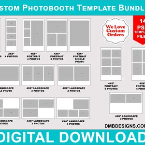 Op de afbeelding: Een digitale download van 14 fotobooth-sjablonen in PSD-formaat. De sjablonen zijn voor verschillende fotoformaten en lay-outs, waaronder 2x6 inch, 4x6 inch portret en landschap, en 4x6 inch landschap. De sjablonen zijn ontworpen voor gebruik met een fotobooth.