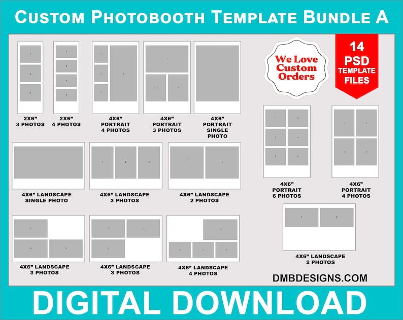 4x6 Custom Photobooth Template Bundle A, Photo Collage, 14 PSD Overlay