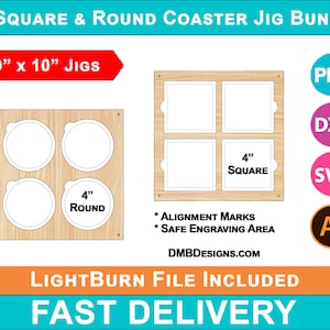 4 inch Square and Circle Coaster Engraving Jig, 4 Grid Coaster Template, SVG, LightBurn, xtool, omtech laser CO2, Bundle