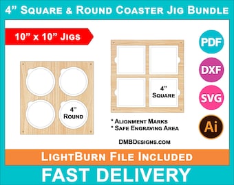 4 inch Square and Circle Coaster Engraving Jig, 4 Grid Coaster Template, SVG, LightBurn, xtool, omtech laser CO2, Bundle