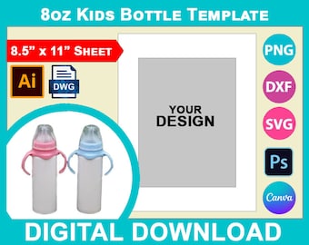 8oz Kids Milk Bottle Template, Tumbler Sublimation Template, Canva, SVG, DXF, Dwg, Ai, Png, Psd, PDF 8.5"x11" sheet, Printable