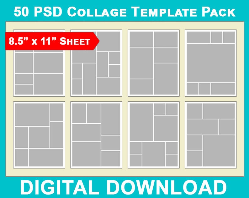 50 8.5x11 Photo Album Template Pack, Photo Collage, Yearbook Templates, Scrapbook Template, Photoshop, Collage Templates, Psd