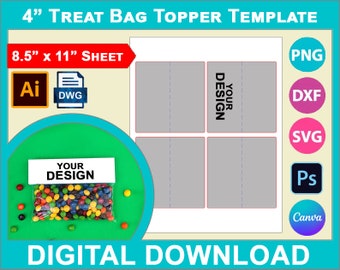 4" Treat Bag Topper Template, Party Favors, Canva, SVG, DXF, Dwg, Ai, Png, Psd, PDF 8.5"x11" sheet, Printable