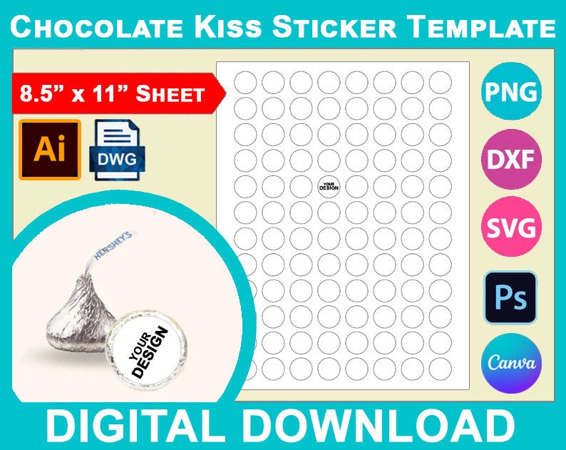 Modèle d'autocollant Hershey Kiss, Mini étiquette en chocolat, cadeau de fête, Svg, toile, Dxf, Png, Psd, feuille 8,5 x 11 po, imprimable image 1