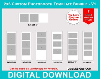 Paquete de plantillas de fotomatón personalizadas de 2 x 6, collage de fotos, 7 plantillas de superposición PSD, personalizadas, Photoshop, plantillas de fotomatón de bodas - V1