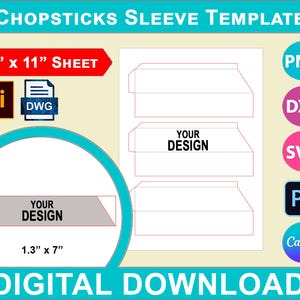 Op de afbeelding: Een digitaal downloadbare sjabloon voor een eetstokjeshoes. De sjabloon is 8,5 inch bij 11 inch en bevat een ontwerpgebied van 1,3 inch bij 7 inch. De sjabloon is beschikbaar in de formaten AI, DWG, DXF, SVG, PNG en Photoshop.