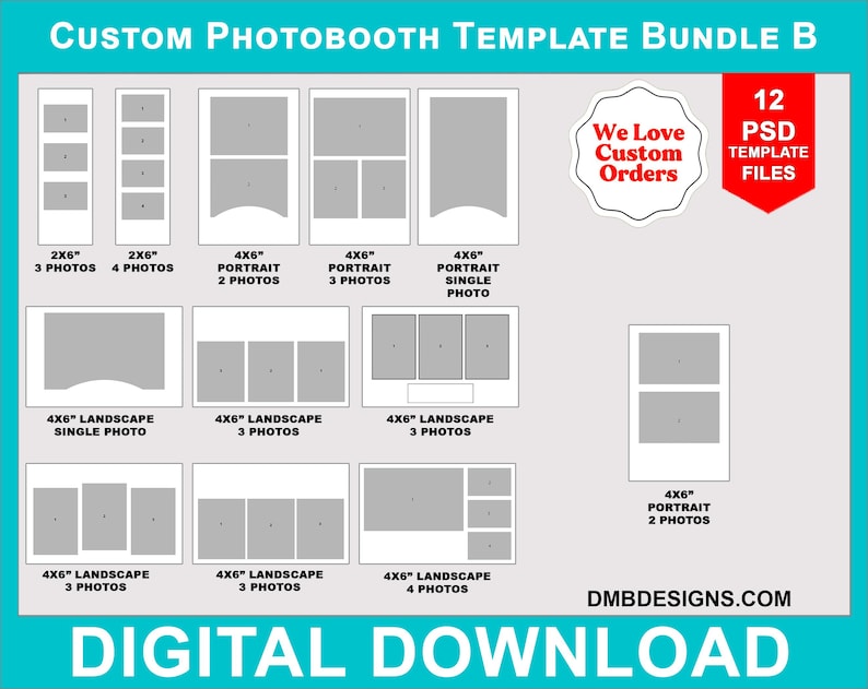 4x6 Custom Photobooth Template Bundle B, Photo Collage, 12 PSD Overlay ...