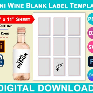 ミニワインの空白ラベルテンプレート、187ml ミニワインボトルラベル、Canva、SVG、DXF、Dwg、Ai、Png、Psd、PDF 8.5"x11" シート、印刷可能