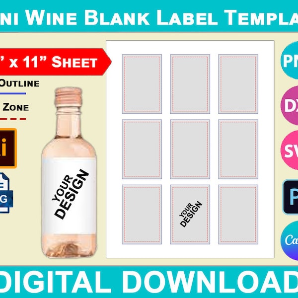Mini Wine Blank Label Template, 187ml Mini wine bottle Labels, Canva, SVG, DXF, Dwg, Ai, Png, Psd, PDF 8.5"x11" sheet, Printable