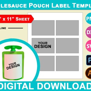 Applesauce pouch label template, juice pouch label template, Canva, SVG, DXF, Dwg, Ai, Png, Psd, PDF 8.5&quot;x11&quot; sheet, Printable