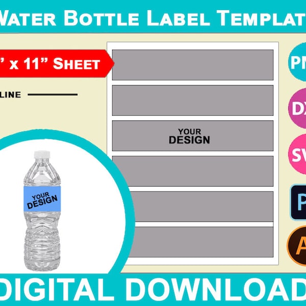 Water Bottle label blank template, DIY label template, Canva, svg, DXF, Dwg, Ai, Png, Psd, PDF 8.5"x11" sheet, Printable