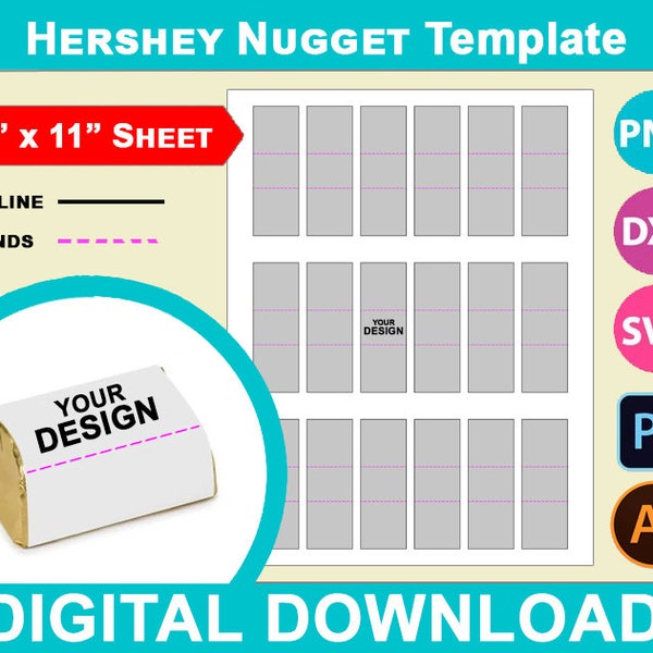 Hershey Nugget Template, Nugget Mini Chocolate Wrapper Template, Canva, SVG, DXF, Dwg, Ai, Png, Psd, PDF 8.5"x11" sheet, Printable