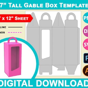 7” Tall Gable Box Template, Tall Gable Window Box, Box with Handle Template, Gift Box, PsD, PnG, SvG, DxF, 12&quot;x12&quot; sheet, Printable