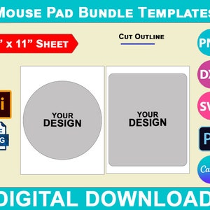 May include: A digital download template for creating custom mouse pads. The template includes two designs: a circle and a square. The text "YOUR DESIGN" is displayed on both designs. The template is available in multiple file formats, including PNG, DXF, SVG, AI, DWG, and PS.