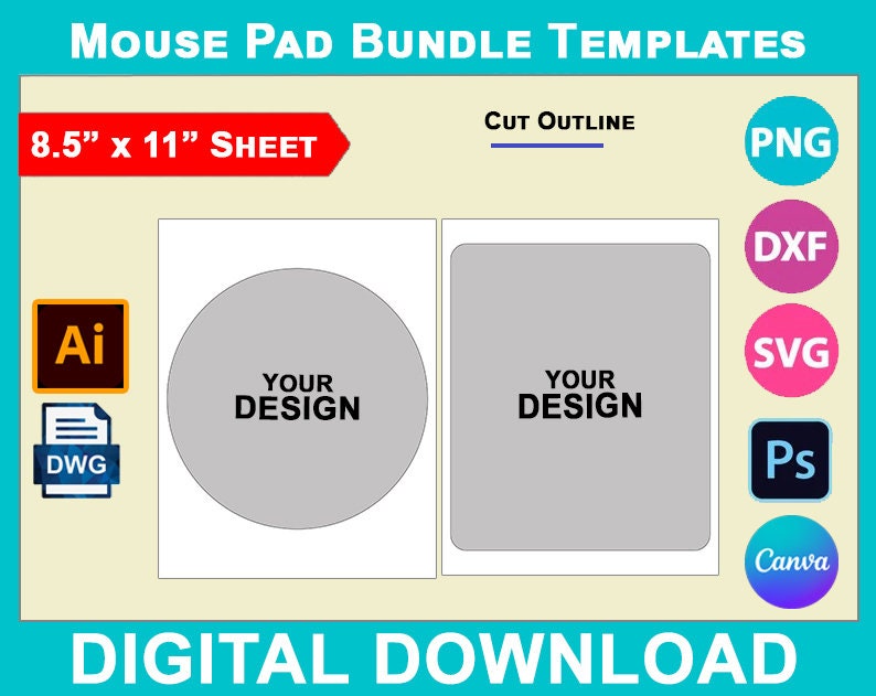Mouse Pad Bundle Templates, Rectangle, Round, Circle, Canva, SVG, DXF, Dwg, Ai, Png, Psd, PDF 8.5"x11" sheet, Printable
