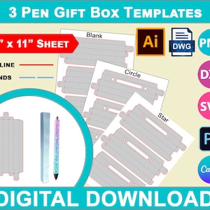 Stift Geschenkbox Vorlage, Glitter anpassbare leere Fenster Boxen Vorlagen Bundle DIY Set, SVG, DXF, DWG, Ai, Png, Psd, PDF 8,5 "x 11" Printable