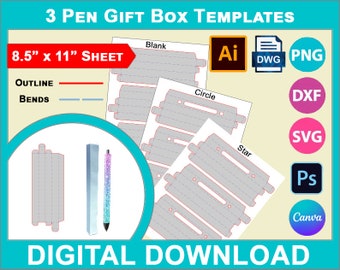 Sjabloon pen geschenkdoos, glitter aanpasbare blanco vensterdozen sjablonen bundel DIY set, Svg, DXF, Dwg, Ai, Png, Psd, PDF 8,5 "x 11" Afdrukbaar