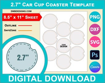 2,7 inch Car Cup Coaster-sublimatiesjabloon, canvas, SVG, DXF, Dwg, Ai, Png, Psd, PDF Vel 8,5 x 11 inch, afdrukbaar