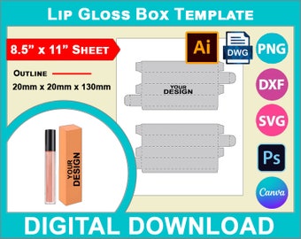 Lip Gloss Box Template, Lip Balm Box Template, Canva, SVG, DXF, Dwg, Ai, Png, Psd, PDF 8.5"x11" sheet, Printable
