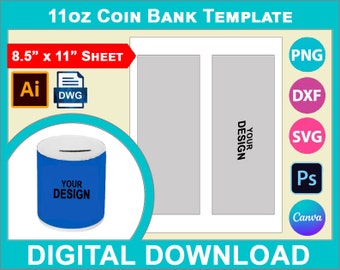 Szablon na 11oz Ceramic Coin Bank, Szablon na sublimacyjny bank monet, Pusty, SVG, DXF, Dwg, Ai, Png, Psd, pdf 8,5"x11", Arkusz do druku