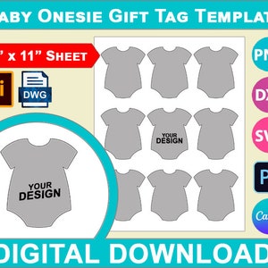 Baby Shower Onesie Bodysuit Gift Tag Template, Baby Favor Tags, Canva, SVG, DXF, Dwg, Ai, Png, Psd, PDF 8.5&quot;x11&quot; sheet, Printable