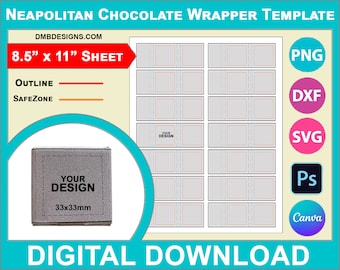 33mm Neapolitan Chocolate Wrapper Template, Square Chocolate label, Party Favor, SVG, DXF, Dwg, Ai, Png, Psd, 8.5"x11" sheet, Printable