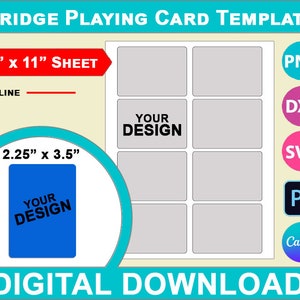 Bridge Playing Card Template, Canva, SVG, DXF, Dwg, Ai, Png, Psd, PDF 8.5"x11" sheet, Printable