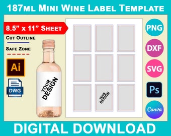 Modèle d'étiquette de vin 187 ml, mini étiquettes de bouteilles de vin, Canva, SVG, DXF, Dwg, Ai, Png, Psd, feuille PDF 8,5 x 11 po., imprimable