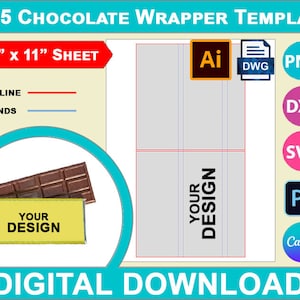 Könnte beinhalten: Eine digitale Download-Vorlage für eine Schokoladenverpackung. Die Vorlage ist 8,5 Zoll mal 11 Zoll groß und enthält einen Designbereich für Text und Grafiken. Die Vorlage ist in mehreren Dateiformaten verfügbar, darunter AI, DWG, PNG, DXF, SVG und PSD.