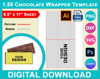May include: A digital download template for a chocolate wrapper. The template is 8.5 inches by 11 inches and includes a design area for text and graphics. The template is available in multiple file formats, including AI, DWG, PNG, DXF, SVG, and PSD.