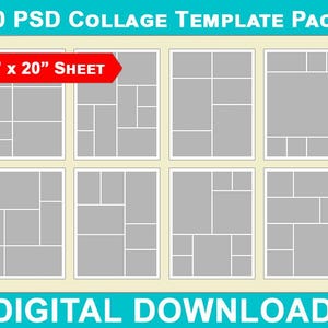 May include: A set of six collage templates for photo editing. Each template is a 16" x 20" sheet with a different layout of rectangular photo frames. The templates are in a digital download format.