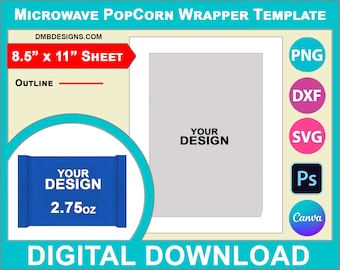 Microwave PopCorn Wrapper Template, 2.75 Oz Pop Corn label, Party favor, Svg, Canva, Dxf, Png, Psd, 8.5"x11" sheet, Printable