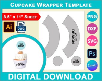 Modello per incarto per cupcake, topper, Canva, SVG, DXF, Dwg, Ai, Png, Psd, PDF Foglio da 8,5"x11", stampabile