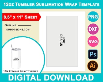 12oz rechte skinny Tumbler wrap sublimatiesjabloon, canva, SVG, DXF, Dwg, Ai, png, psd, pdf vel 8,5 x 11 inch, afdrukbaar