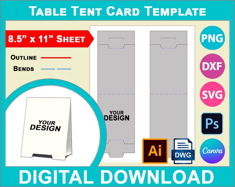 Table Tent Card Template, Food Label Card, Canva, SVG, DXF, Dwg, Ai, Png, Psd, PDF 8.5"x11" sheet, Printable