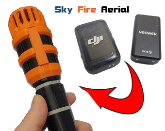 May include: A black microphone with an orange top and a black and white striped body. The microphone is connected to a black device with the DJI logo and the text "MIC TX". A black battery with the text "NEEWER CM28" is also shown.
