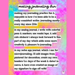 May include: A pink background with the text "making journaling fun" in a handwritten font. The text describes journaling practices, including using colorful pens, washi tape, and stickers. It also mentions using a notes app for microjournaling.