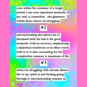 May include: A page from a journal with text about microjournaling and its benefits. The background has a colorful, abstract design with pink, yellow, and blue hues. The text includes phrases like "moments of joy" and "chronic illness."