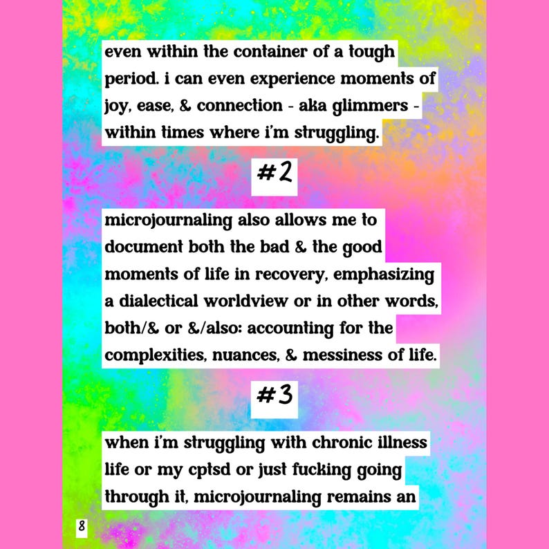 May include: A page from a journal with text about microjournaling and its benefits. The background has a colorful, abstract design with pink, yellow, and blue hues. The text includes phrases like "moments of joy" and "chronic illness."