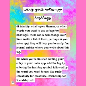 May include: A pink and colorful graphic with text about using hashtags in a notes app. The text includes instructions on identifying topics and adding tags. The image also includes the text "#creativity for creativity, #friendship for friendship, etc."
