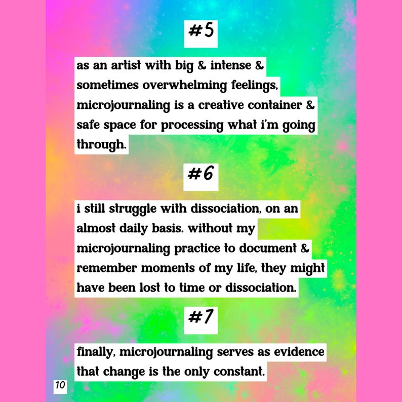May include: A pink and colorful page with text about microjournaling. The text includes phrases like "creative container," "safe space," and "change is the only constant." Numbers 5, 6, 7, and 10 are also visible.