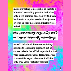 May include: A colorful graphic with text about microjournaling. The text discusses the accessibility of journaling, digital journaling, and the importance of a supportive journaling practice. The background has a pink and yellow watercolor effect.