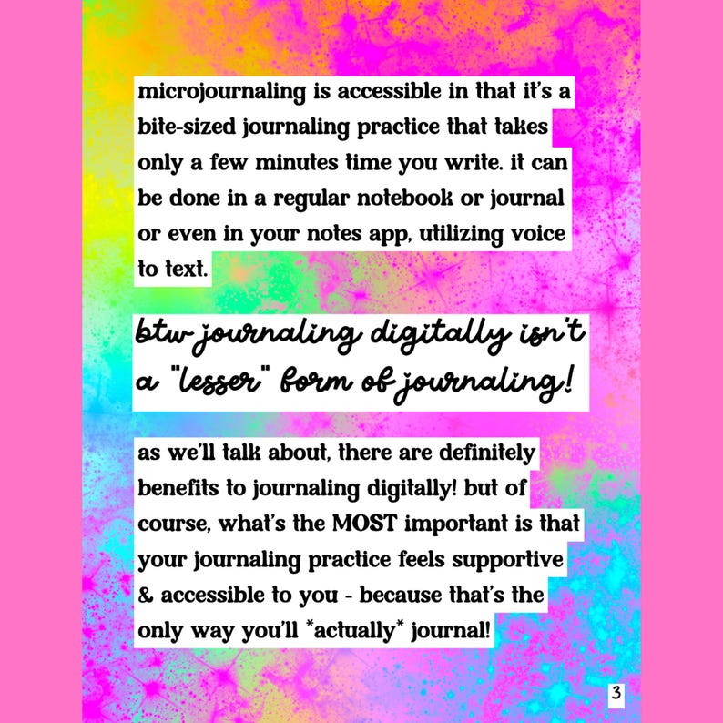 May include: A colorful graphic with text about microjournaling. The text discusses the accessibility of journaling, digital journaling, and the importance of a supportive journaling practice. The background has a pink and yellow watercolor effect.