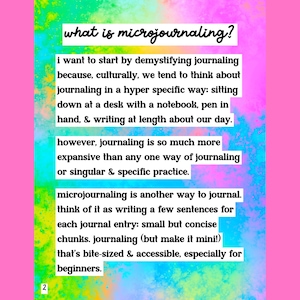 May include: A page from a journal with the title "what is microjournaling?" in a handwritten font. The text explains microjournaling as a concise, accessible form of journaling, ideal for beginners. The background is a mix of pink, blue, and yellow.