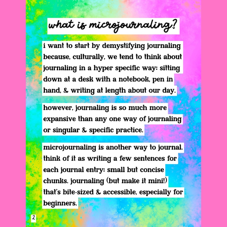 May include: A page from a journal with the title "what is microjournaling?" in a handwritten font. The text explains microjournaling as a concise, accessible form of journaling, ideal for beginners. The background is a mix of pink, blue, and yellow.