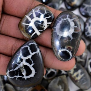 May include: Three polished black and white gemstone cabochons with a unique, intricate pattern. The cabochons are oval, rectangular, and teardrop shaped.