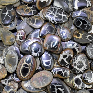 May include: A collection of polished, iridescent, black and white, agate cabochons with a variety of shapes and sizes. The cabochons have a unique, natural, crystalline pattern.