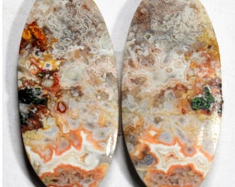 May include: Pair of oval-shaped agate cabochons with a white, brown, orange, and green color pattern.