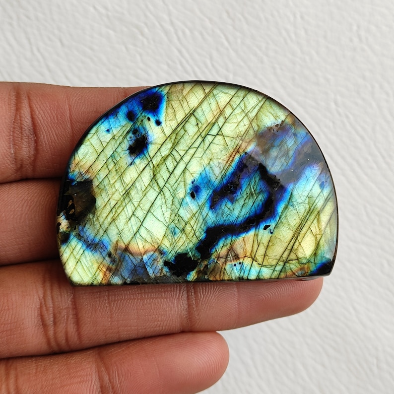 42X57X8 MM D Shape Natural Blue Green Flashy Labradorite Cabochon Big Size Flashy Labrdorite Loose Stone Highly Polished Gemstone R7099